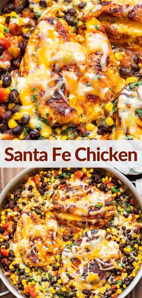 Santa Fe chicken is an easy skillet dinner that's full of southwest flavors! Seasoned pan seared chicken is nestled in black beans, corn, green chiles, and Ro-tel tomatoes then topped with melted cheese. Ready to eat in 30 minutes! #santafechicken #chickenrecipes #chickendinner #chickenbreasts #Mexicanfood #healthyrecipes #healthydinner #texmex Easy Skillet Dinner, Santa Fe Chicken, Black Beans Corn, Mexican Chicken Recipes, Seared Chicken, Chicken Skillet Recipes, Pan Seared Chicken, Seasoned Chicken, Easy Skillet