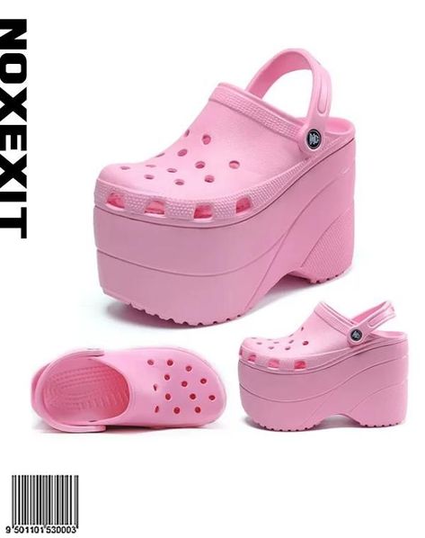 Cursed Shoes, Crocs Aesthetics, Pink Platform Crocs, Crocs Meme, Platform Clogs Outfit, High Heel Crocs, Croc Platforms, Crocs Store, Crocs Ideas