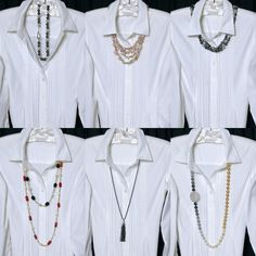 Necklace For Button Down Shirt, White Shirt With Pearls, White Shirt Necklace, Shirt Accessories Women, White Blouse Styling, How To Style White Blouse, How To Style A White Shirt, Outfits With Pearl Necklace Casual, White Shirt Accessories