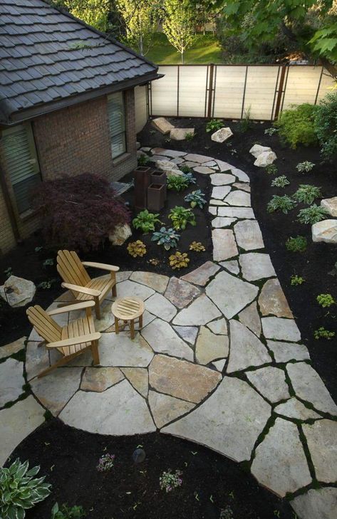 Transform your outdoor living space into a tranquil retreat with a meticulously crafted flagstone patio design, where every stone tells a story of timeless elegance and natural beauty.  #FlagstonePatio #OutdoorDesign #NaturalBeauty #RusticCharm #GardenSanctuary #LandscapingIdeas #OutdoorLiving #TimelessElegance #PatioDesign #NatureInspired #HomeImprovement Flagstone Backyard, Flagstone Landscaping, Flagstone Patio Design, Cottage Landscaping, Patios Ideas, Backyard Features, Backyard Plans, Flagstone Pathway, Flagstone Walkway