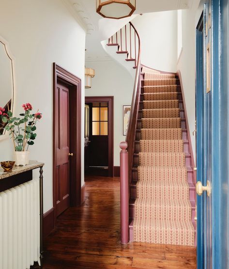 London Hallway, Beautiful Hallways, Red Stairs, Hallway Inspiration, London Townhouse, Hallway Designs, House Stairs, September 10, Dream House Interior