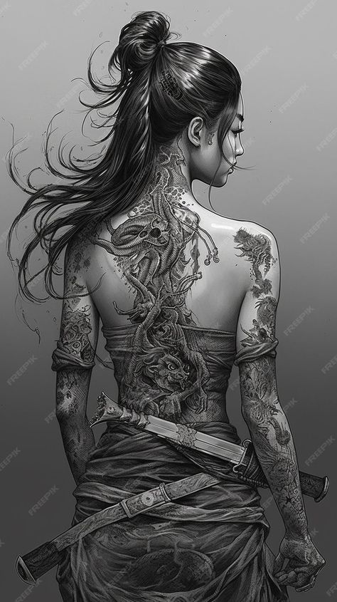 Premium AI Image | Tattoo art that is not a tattoo Female Samurai Tattoo, Japanese Geisha Tattoo, Ninja Tattoo, Japanese Warrior Tattoo, Tattoo Girl Wallpaper, Female Warrior Tattoo, Geisha Tattoo Design, Japanese Art Samurai, Motorcycle Paint