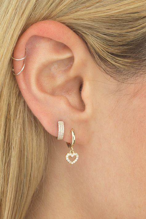 double lobe silver helix cartilage heart ear earrings piercings jewellery aesthetic 2 Ear Piercings, Double Lobe Piercing, Earrings Piercings, Minimalist Ear Piercings, Unique Ear Piercings, Ear Piercing Studs, Double Ear Piercings, Jewellery Aesthetic, Ear Lobe Piercings