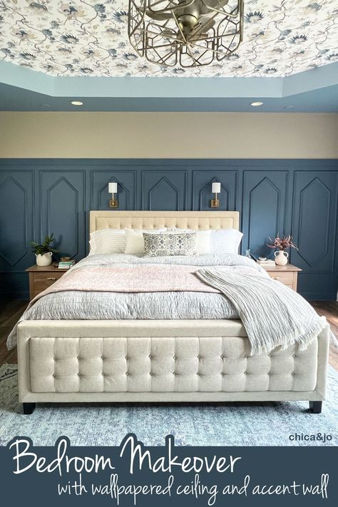 Bedroom with Accent Wall and Wallpapered Tray Ceiling Trey Ceiling Ideas Bedroom, Bedroom Moulding, Tray Ceiling Ideas Bedroom, Ceiling Ideas Bedroom, Painted Tray Ceilings, Angled Ceiling Bedroom, Moulding Wallpaper, Bedroom With Accent Wall, Bedroom Ceiling Wallpaper