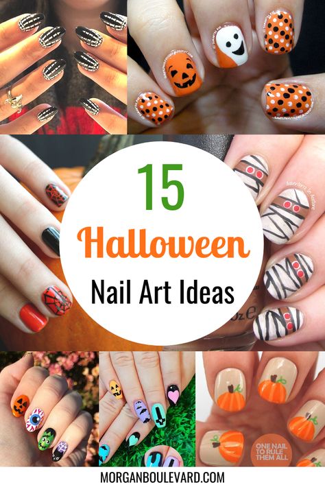 This list has the best Halloween nail art ideas and tips. These designs are easy, scary, simple, cute, creepy, DIY, and unique. You'll find pumpkins, Disney, spider webs, ghosts, cats, and more. Some are orange, black, and other colors. Nail Art Designs October, Cute Easy Diy Halloween Nails, Easy Ghost Nails Diy, Halloween Nails At Home Easy, Scary Pumpkin Nails, Halloween Nails Designs Easy, Black Orange Nails Halloween, Halloween Nails Kids Easy, Halloween Nail Art Easy Simple