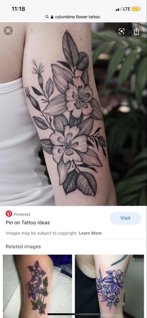 Columbine Tattoo, Columbine Flower Tattoo, New Mexico Tattoo, Mexico Tattoo, Wildflower Tattoo, Columbine Flower, Sweet Tattoos, Body Jewelry Piercing, Sleeve Tattoos For Women