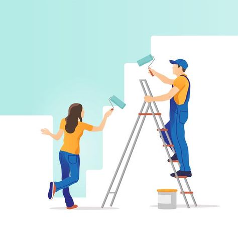 Man And Woman Painting, Painting Concrete Walls, Free Psd Flyer, House Painter, Couple Painting, New Apartment, Male Hands, Painting Concrete, Work Tools