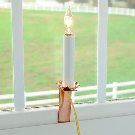 Bench Made, Handcrafted Copper & Brass Lighting - Shades of Light Window Candle Lights, Christmas Candle Decorations Ideas, Led Window Candles, Diy Christmas Window, Christmas Window Candles, Window Candle, Christmas Tree Inspo, Glamorous Christmas, Window Candles