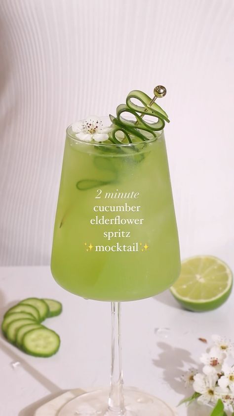 Time to share this viral mocktail recipe from last year given I am getting SO many requests for both elderflower and cucumber. It’s also… | Instagram Cucumber Elderflower Spritz, Elderflower Mocktail Recipe, Cucumber Cocktails, Creative Cocktail Garnishes, Elderflower Spritz, Spritz Mocktail, Elderflower Drink, Cocktails Ideas, Small Blender