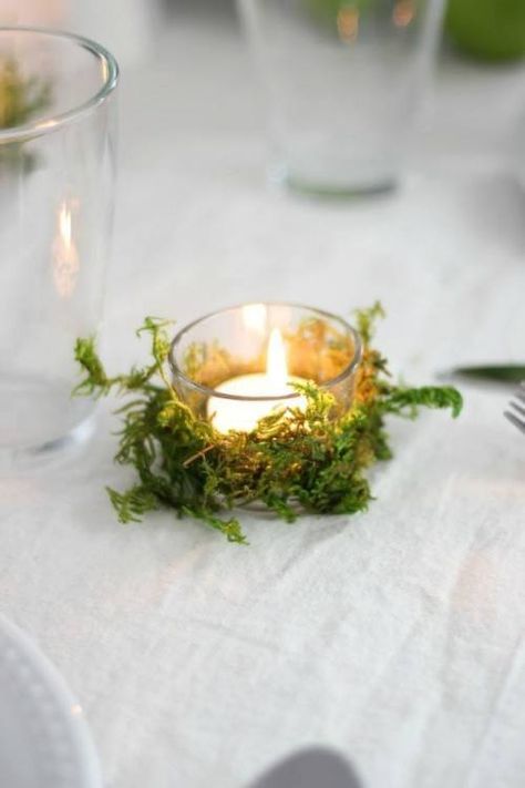 Moss Covered Candle Holder, Spring Gala Decorations, Moss Table Centerpiece, Mushroom Centerpiece Wedding, Moss Candle Centerpiece, Moss Centerpieces, Magnolia Fixer Upper, Spring Tea Party, Cheap Wedding Centerpieces