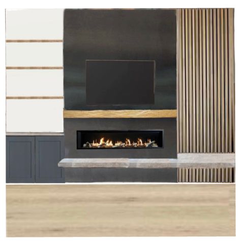 Fireplace surround w/liniar fireplace, concrete hearth, hot rolled steel surround, wood slat wall, tv above fireplace, rustic mantel and open shelves. Fireplace Tv Unit, Fireplace Mount, Living Room Ideas With Tv, Room Ideas With Tv, Above Fireplace Ideas, Best Living Room Ideas, Fireplace Tv Mount, Tv Above Fireplace, Fireplace Feature Wall