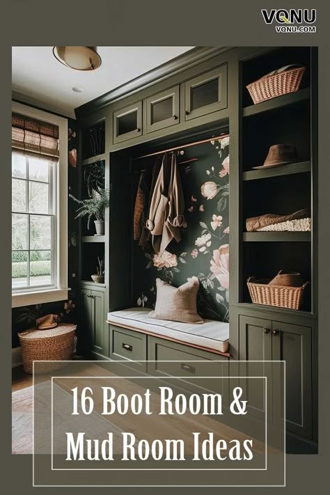 Inspiring boot room with green cabinetry, floral wallpaper, cozy bench seating, and smart storage solutions for a stylish and functional entryway. Boot Laundry Room, Mud Drop Zone, Mud Room Ideas Small Entryway, Best Mud Room Ideas, Mudroom Decorating Ideas Entrance, Cabinets In Entryway, Small Mudroom Layout, Arctic Entryway Ideas, Mudroom Boot Storage