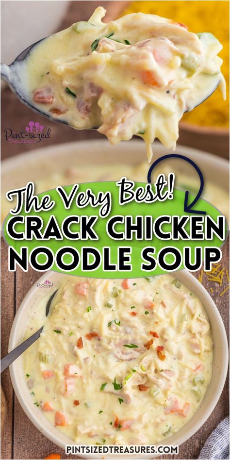 Prepare a quick and satisfying dinner in just 20 minutes with Pint-sized Treasures' homemade crack chicken noodle soup. It is cooked on the stovetop and features savory rotisserie chicken and egg noodles. It's the ideal comfort food for an easy and satisfying dinner. Chicken And Egg Noodles, Rotisserie Chicken Soup, Egg Noodle Recipes, Creamy Chicken Noodle Soup, Chicken Noodle Soup Easy, Chicken Noodle Soup Homemade, Noodle Soup Recipes, Soup Recipes Chicken Noodle, Chicken Soup Recipes