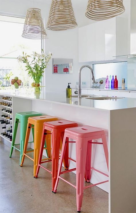 Kitchen Trends That Offer Comfort and Inspiration - The Cottage Market Bright Interior Design, Colorful Bar Stools, Light Wood Kitchens, Ikea Kitchen Island, Bar Stools Kitchen Island, Kitchen Island With Seating, Small Kitchens, Kitchen Trends, Living Ideas