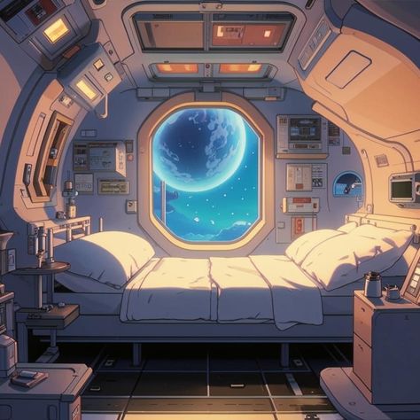 #space #spaceship #interior #cartoon #bedroom Anime Spaceship Interior, Cozy Spaceship Interior, Spaceship Interior Design Concept Art, International Space Station Drawing, Fantasy Spaceship Interior, Retro Futurism Spaceship, Spaceship Room Design, Space Ships Interior, Spaceship Interior Concept Art