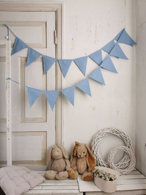 Ideal decoration for nursery, weddings, party, birthday celebration, bar, gazebo, restaurant, home, kids room or any festive events!  For CUSTOM bunting leave me a message for example: off white, baby blue, navy blue.   If you don't need a custom banner leave me a message - "not requested on this item" ✔COLOR: jeans blue OR Custom order (any color combination as you whish from last picture of the listing) ✔ Each flag is double sided ✔ The bunting banner has an additional 50cm/18" of ribbon on ea Garland Wall Decor, Nursery Wedding, Blue Bunting, Nursery Garland, White Garland, Blue Birthday Parties, Nursery Bunting, Its A Boy Banner, Birthday Bar