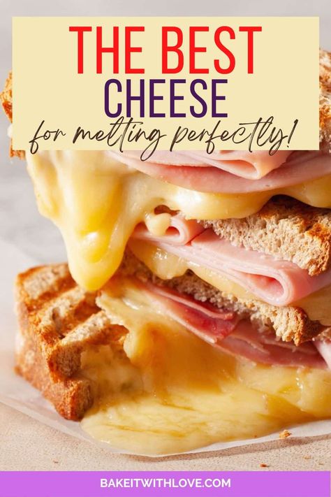 These are the best cheeses for melting whether you want a gooey sandwich, perfect pizza, romantic fondue, or a creamy casserole! All of these cheeses are known for their splendidly gooey qualities when melted. So take a look and decide which cheeses you really need to pick up on your next grocery run! BakeItWithLove.com #bakeitwithlove #cheese #melt #dinner #fondue #grilledcheese #quesadillas #casserole #best Costco Ham, Ham And Cheese Melts, Creamy Casserole, Cheese Melt, Perfect Grilled Cheese, Classic Grilled Cheese, Healthy Eating Snacks, Cheesy Casserole, Perfect Pizza