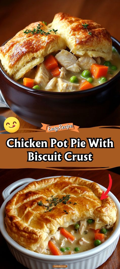 Delight in Chicken Pot Pie with Biscuit Crust, a comforting classic made simple. Creamy chicken and vegetables topped with fluffy biscuits instead of traditional pie crust make for a hearty and delicious meal. #ChickenPotPie #BiscuitCrust #FamilyDinner Beef Pot Pie With Biscuits On Top, Chicken Pot Pie For Diabetics, Chicken Pot Pie With Biscuit Crust, Chicken Pot Pie With Frozen Pie Crust, Chicken Pie With Biscuits, Topping For Chicken Pot Pie, Chicken Pot Pie Recipe Easy, Biscuit Topped Chicken Pot Pie, Chicken Pot Pie Biscuits