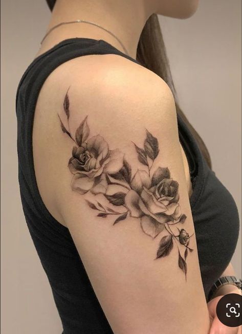 Rose And Flower Tattoos, Rose Shoulder Tattoos For Women Black, Women’s Rose Tattoo, 4 Roses Tattoo, Shoulder Rose Tattoos For Women, Rose Shoulder Tattoos For Women Unique, Rose Tatooes, Blacked Out Rose Tattoo, Black And Gray Floral Tattoo