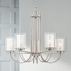 Steel Chandelier, Living Room Lighting Tips, Brushed Nickel Chandelier, Nickel Chandelier, Dining Room Light Fixtures, Chandelier Lighting Fixtures, Double Glass, Beautiful Chandelier, Chandelier Design