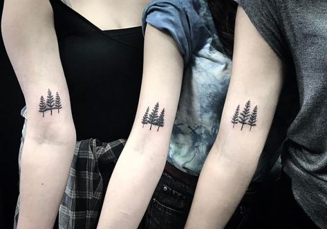 Matching trees tattoos by Alex Szkotti for three best friends Group Of Trees Tattoo, Friendship Tree Tattoo, Sibling Tattoos For 3 Trees, Sibling Tree Tattoos For 3, 3 Pine Tree Tattoo, Three Tree Tattoo, Three Trees Tattoo, Trees Tattoos, Bestie Tats