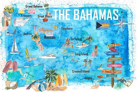 The Bahamas Illustrated Map with Main Roads Landmarks and Highlights Scrapbook Vintage, Cat Island, Key West Florida, The Bahamas, Illustrated Map, Grand Art, Florida Keys, Nassau, Vintage Map