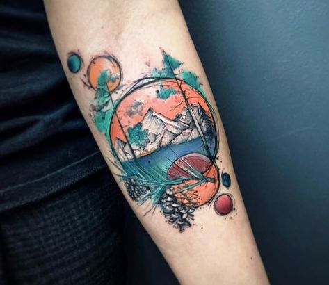 Mountain Tattoo With Color, Earth Mountain Tattoo, Watercolour Mountain Tattoo, Illustrative Color Tattoo, Mountain Color Tattoo, Mountainscape Tattoo, Abstract Nature Tattoo, Mountain Tattoo Color, Colorful Nature Tattoos