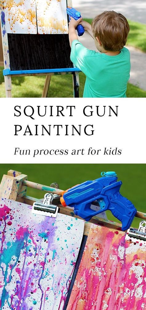 Squirt Gun Painting Process Art For Kids, Summer Boredom, Art Project For Kids, Art At Home, Project For Kids, Cool Art Projects, Diy Simple, Outdoor Activities For Kids, Summer Projects