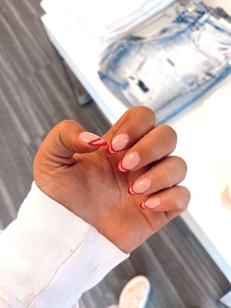 Red Outlined French Tip Nails, Red Stylish Nails, Negative Space French Tip Nails, Red Outline French Tip Nails, Maroon French Tip Nails Almond, French Tip With Red Line, Open French Tip Nails, Red And White Tip Nails, Red Design Nails Acrylic