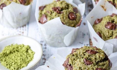 Vegan Chocolate Chip Matcha Muffins Matcha Dessert Recipes, Matcha Muffins, Choc Chip Muffins, Matcha Green Tea Recipes, Matcha Dessert, Matcha Chocolate, Vegan Baking Recipes, Easy Vegan Dessert, Dairy Free Chocolate Chips