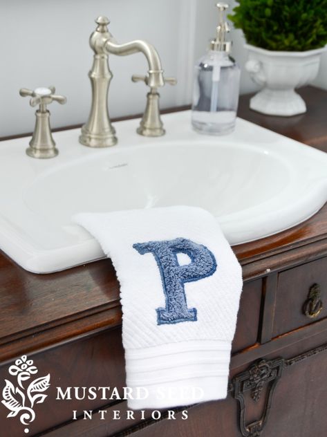 Bathroom Vanity Wooden Cornice, Monogrammed Bath Towels, Stripping Furniture, The Letter P, Diy Monogram, Diy Towels, Miss Mustard Seed, Monogram Towels, Embroidered Towels