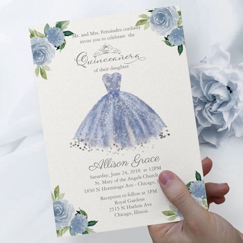 $1.22 | Budget Quinceanera Invitation Bilingual Blue Gown - quinceanera invitation, 15th birthday, birthday party, bilingual, spanish, floral, dress, watercolor, cheap, silver foil Quinceanera Invitations In Spanish, Budget Quinceanera, Light Blue Gown, Invitations Quinceanera, Elegant Birthday Invitations, Modern Elopement, Gown Floral, Floral Birthday Invitations, Quinceanera Invitation