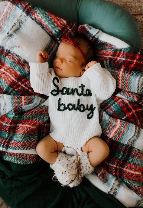 White sweater with hand embroidered lettering. Please choose red or green lettering from options. Sweater has an oversized fit. If you are wanted more of a standard fit, size down. If you are interested in custom color lettering, please message me! Baby At Home Christmas Pictures, Baby Christmas Gifts From Santa, Gifts From Santa For Babies, Mom And Me Christmas Outfits, Family First Christmas Pictures, Babys First Christmas Photoshoot, Newborn Photos Christmas, Christmas Pictures For Baby, Newborn And Toddler Christmas Pictures