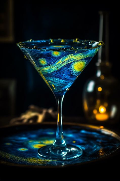 A cocktail drink made of Van Gogh's Starry Night 'material'. It is an AI artwork made with using Midjourney. Van Gogh Wedding Theme, Van Gogh Party Theme, Starry Night Prom, Launch Event Ideas, Garden Gala, Night Drink, Gogh The Starry Night, Starry Night Wedding, Fairytale House