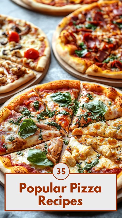 A variety of delicious pizzas including classic Margherita and BBQ chicken, showcasing easy and flavorful recipes to make at home. Amaretto Recipe, Pull Apart Cheese Bread, Delicious Pizza Recipes, Pizza Crusts, Pizza At Home, Pizza Recipes Easy, Craving Pizza, Pizza Flavors, Perfect Pizza