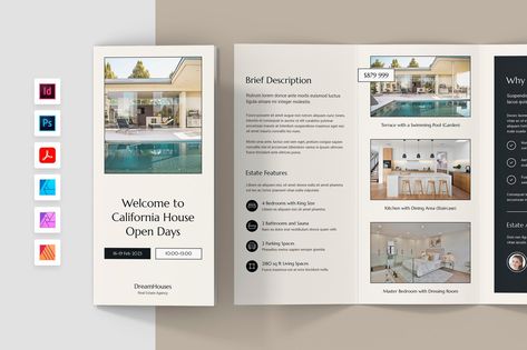 Real Estate Open House Brochure Tri-Fold Template, Print Templates ft. brochure & agent - Envato Open House Brochure, House Brochure, Best Brochure Design, Open House Real Estate, Brochure Design Templates, Open Days, Garden Estate, Free Brochure, Brochure Design Template