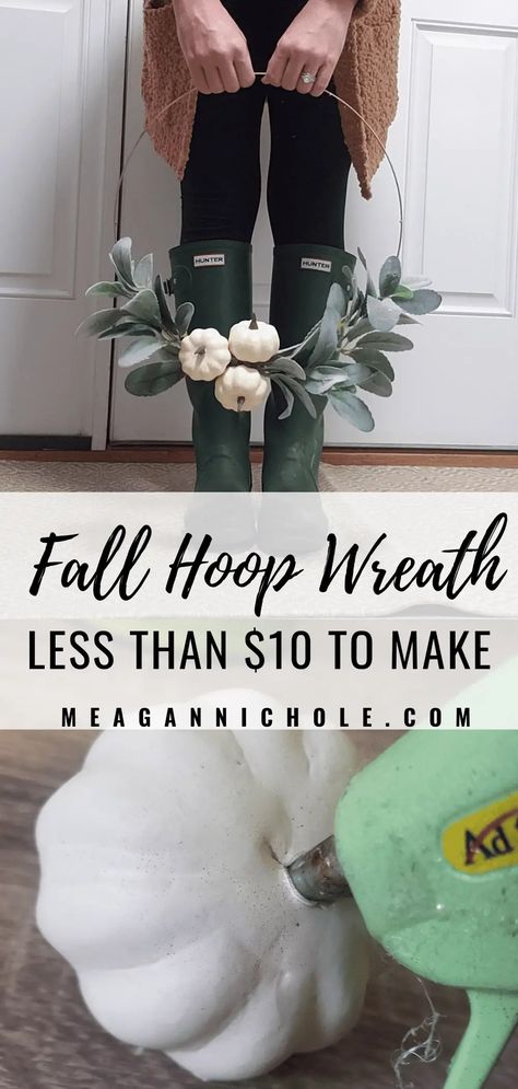 $10 Fall Hoop Wreath you Need to Make this Season - Thanksgiving Hoop Wreath, Fall Hoop Centerpiece, Wire Ring Wreath Ideas, Fall Hoop Wreaths For Front Door, Diy Dollar Tree Wreath Fall, Wreath Rings Diy, Halloween Hoop Wreath, Fall Ring Wreath, Wire Hoop Wreath