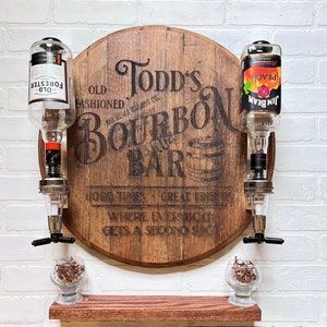 Bourbon Decor, Liquor Dispenser Bar, Garage Bars, Whiskey Dispenser, Barrel Ideas, Board Crafts, House Upgrades, Irish Bar, Bourbon Gifts