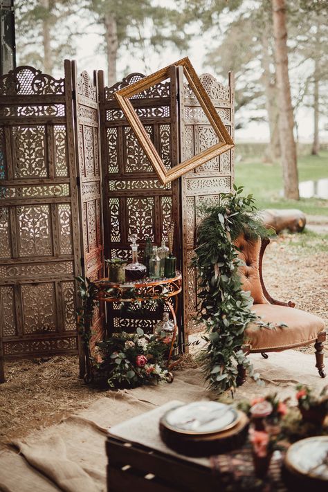 Beautiful Shoot at Happy Valley in Norfolk. Licensed Wedding Venue with Luxury Glamping accomodation, Party Barns, Woodlands and Little Lake with Bridged Island. The perfect Venue to make some incredible memories.  Email hello@happyvalleynorfolk.co.uk Call 01485 600719 Whiskey Station | Rustic Luxe Wedding Decor from Little Jem | Lexicon Cards | Country Boho Inspiration in the Woodlands of Happy Valley Norfolk | Cara Zagni Photography #NorfolkWeddingVenue Rustic Country Boho Wedding, Faux Brick Wall Wedding Backdrop, Rustic Boho Photoshoot, Vintage Country Wedding Decor, Wedding Photography Decor, Rustic Photoshoot Ideas, Photo Station Wedding, Boho Theme Wedding Decor, Whiskey Station