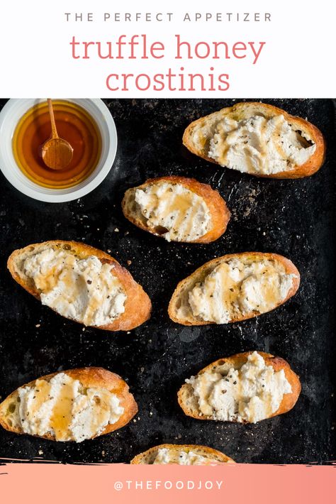 Easy, quick appetizer great for any party or holiday! These truffle honey ricotta crostinis are made dairy-free using almond milk ricotta! Truffle Honey Appetizer, Ricotta Truffle Honey, Truffle Honey Ricotta, Truffle Canape, Truffle Honey Recipes, Truffle Appetizers, Hot Honey Appetizers, Valentine's Appetizers, Ricotta Hot Honey