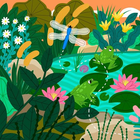 Day 27 - Pond 🐸 For “pond” I wanted to make a horizontal scene. Since of my goals was to have as many prints on my hands when Peachtober… | Instagram Pond Illustration, Frog Painting, Dragonfly Illustration, Thinking Too Much, Pond Life, Garden Pond, My Goals, Children Book, Happy Things