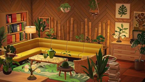 Living Room Acnh, Bamboo Living Room, Acnh Hhp, Kitchen Upstairs, 70s Room, Ac Ideas, Animal Crossing 3ds, Acnh Design, Hippy Room