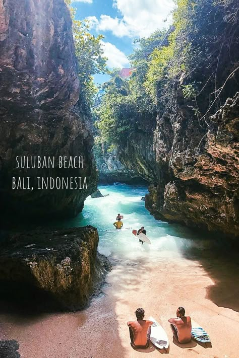 Suluban beach in Bali, Indonesia. Suluban Beach is one of Bali’s most unique coasts, concealed by natural limestone formations and accessed via steps and log ramps through narrow gaps in the rock. Canopied by a looming cliff face, this small beach may not be ideal for sunbathers, but serves pro surfers well as a base to paddle out and ride adjacent reef breaks, including around Uluwatu, just to the south. Sleeper Bus, Goddess Wear, Bali Bucket List, Bali Honeymoon, Bali Trip, Bali Lombok, Bali Vacation, Beach Bali, Travel Bali