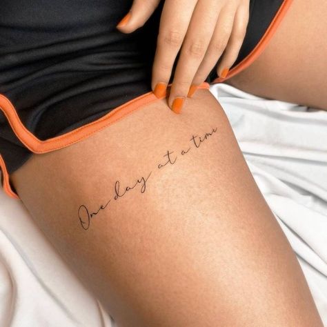 Quotes Leg Tattoo, Leg Quote Tattoos Women, Leg Tattoos Women Thigh Quotes, Thigh Tattoos Words, Thigh Writing Tattoo Women, Dainty Thigh Tattoo, Thigh Quote Tattoo Women, Thigh Quote Tattoos, Minimalist Leg Tattoo