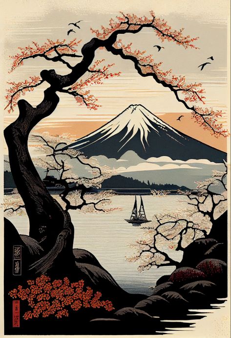 Katsushika Hokusai Wallpaper, Traditional Japanese Art Landscapes, Japanese Mountain Painting, Japanese Woodblock Tattoo, Japanese Mountains Art, Fuji Mountain Wallpapers, Mount Fuji Art, Japanese Castle Tattoo, Japanese Art Wallpaper Desktop