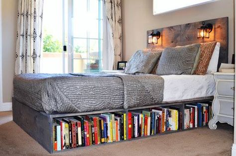 creative, idea, books, room, bed, window, bedroom, beautiful, gray, grace, furniture Bookshelf Bed, Lots Of Books, Diy Bedroom Storage, Room Storage Diy, Small Bedroom Storage, Apartment Storage, Bed Platform, Creative Office, Small Bedroom Designs