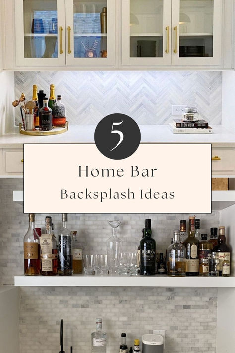 A great backsplash is key to creating a practical and sophisticated home bar. Popular backsplash options for an upscale wet bar or dry bar in the home include marble tiles, mirrored glass tiles, textured tiles such as stacked stone or ledgestone tiles, picket mosaic tiles in deep, rich colors like olive green or onyx black, and brick or brick look subway tiles. Before building your own custom home bar, check out these classic and contemporary home bar backsplash ideas and examples... Backsplash For Bar Area, Dry Bar Backsplash Ideas, Dry Bar Backsplash, Wet Bar Tile Backsplash, Built In Bar Ideas For Home, Wet Bar Backsplash Ideas, Bar Backsplash Ideas, Popular Backsplash, Wet Bar Backsplash