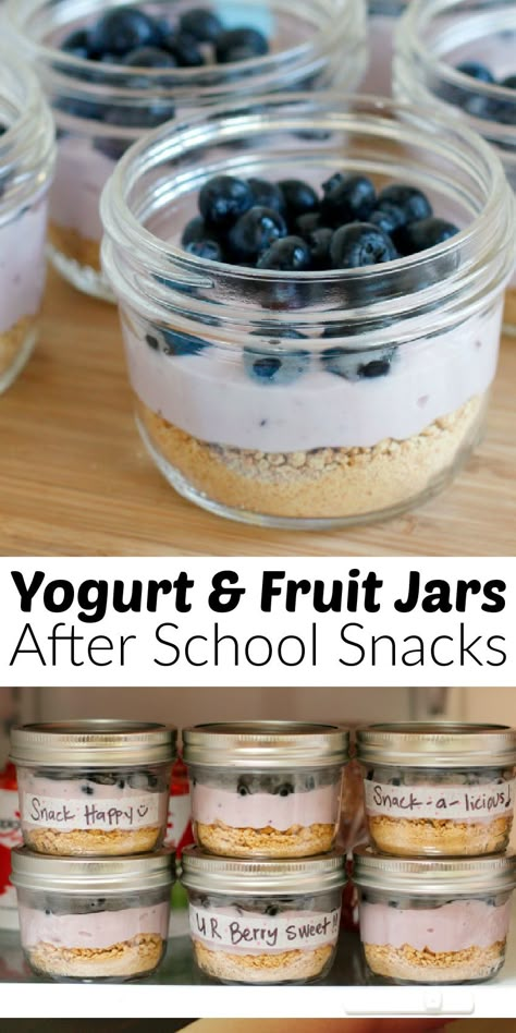 These delicious grab-and-go after-school snacks are perfect to make ahead this school year for the kids. There are so many flavor options too. Jar Snacks, Mason Jar Snacks, Yogurt And Fruit, Healthy School Snacks, Easy Snacks For Kids, Summer Snacks, Toddler Snacks, School Lunches, Homemade Snacks