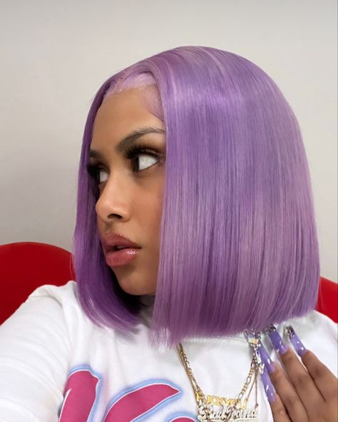 Lavender Bob Wig, Purple Dyed Hair Black Women, Purple Hairstyles For Black Women, Lavender Hair Black Women, Lavender Bob, Lavender Hair Ideas, Lavender Hair Color Ideas, Purple Bob Wig, Purple Natural Hair