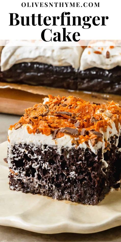 Butterfinger Cake Recipe Butterfinger Poke Cake Recipes, Poke Cakes With Pudding, Easy Butterfinger Cake, Butter Finger Cake, Best Poke Cake Recipes, Butterfinger Poke Cake, Banana Poke Cake, Easy Poke Cake, Butterfinger Cake Recipe